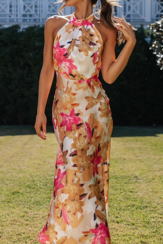 Alba Muse Floral Print Halter Neck Maxi Dress