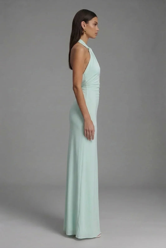 Alba Muse Satin Halter Neck Backless Ruched Maxi Dress