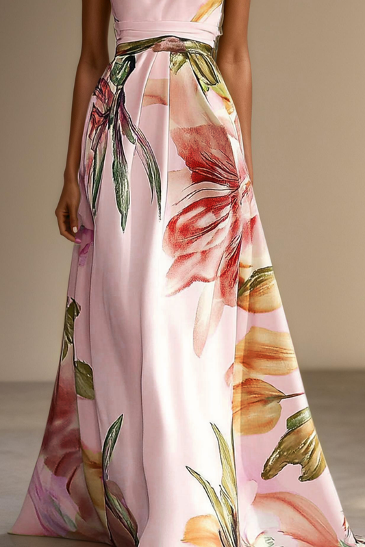 Alba Muse Floral Satin One-Shoulder Maxi Dress Wedding Guest