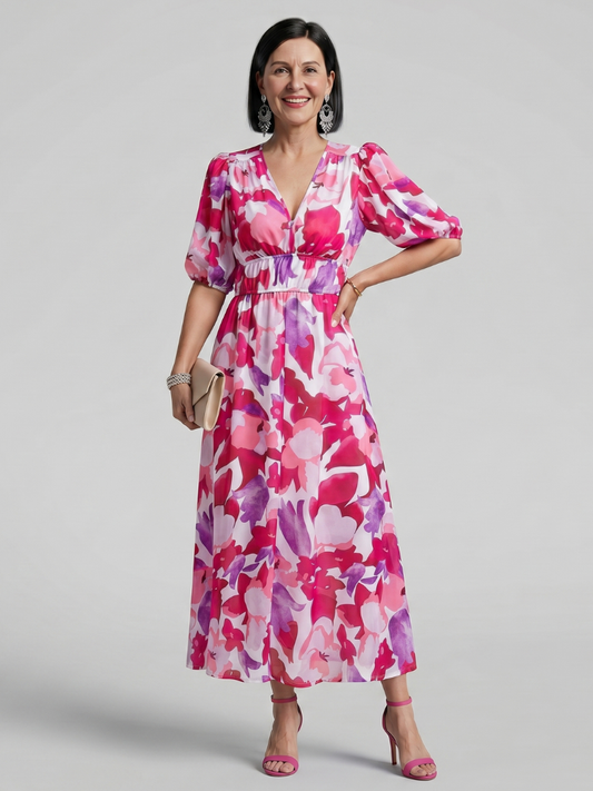 Candlia | Puff Sleeve V Neck Abstract Print Midi Dress