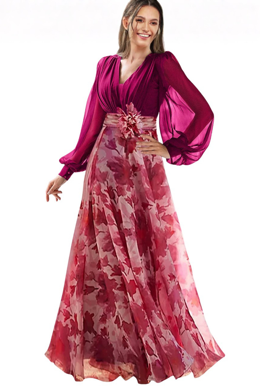 Alba Muse Floral V-Neck Balloon Sleeve Maxi Dress