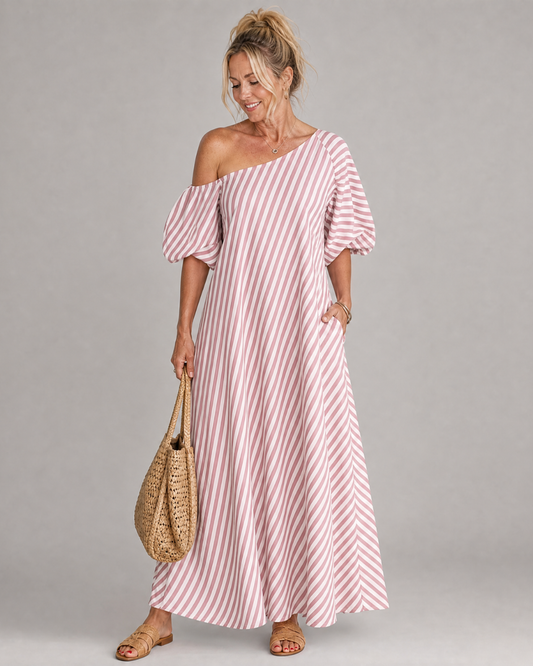 Zamrina | Striped Off Shoulder Puff Sleeve Midi Dress