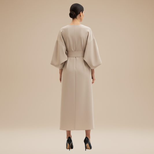 Alba Muse Wide Sleeve Midi Dress with Belt Wrap Style