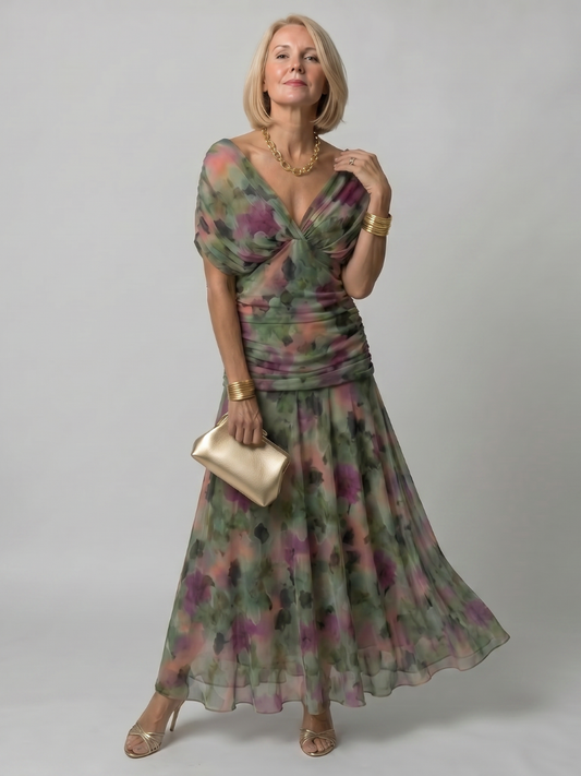 Alba Muse Off-Shoulder Draped Neckline Flared Midi Dress