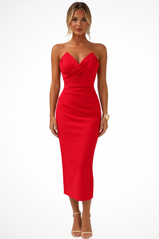 Alba Muse Strapless Sweetheart Ruched Midi Dress Wedding Guest