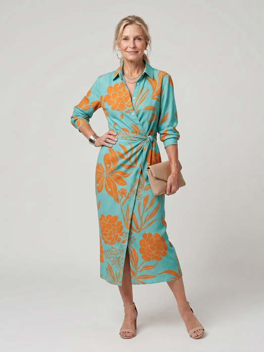 Leya | Long Sleeve Collared Wrap Stripe Pattern Midi Dress