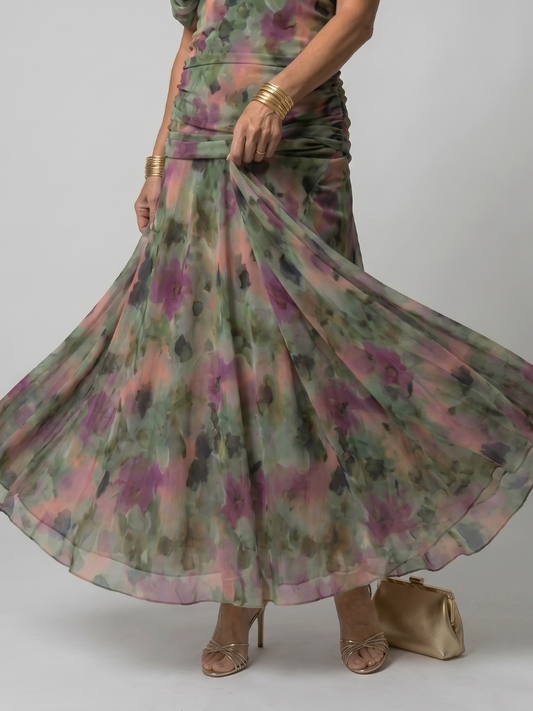 Alba Muse Off-Shoulder Draped Neckline Flared Midi Dress