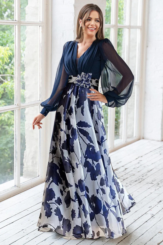 Alba Muse Floral V-Neck Balloon Sleeve Maxi Dress