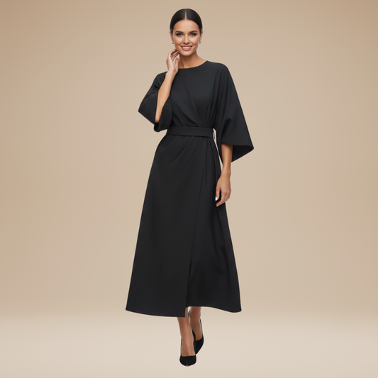 Alba Muse Wide Sleeve Midi Dress with Belt Wrap Style