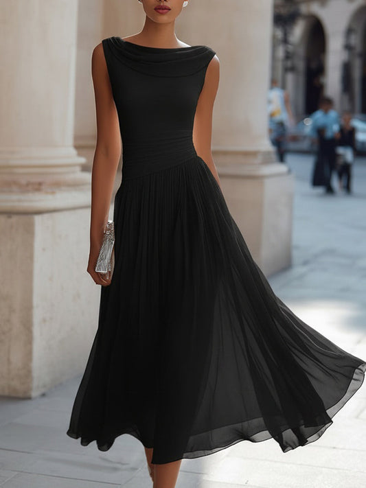 Alba Muse Draped Neck Sleeveless Pleated Midi Dress