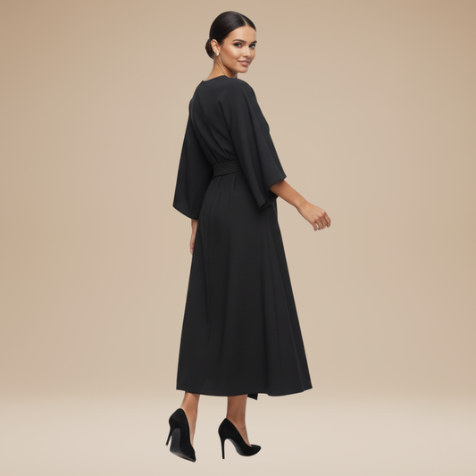 Alba Muse Wide Sleeve Midi Dress with Belt Wrap Style