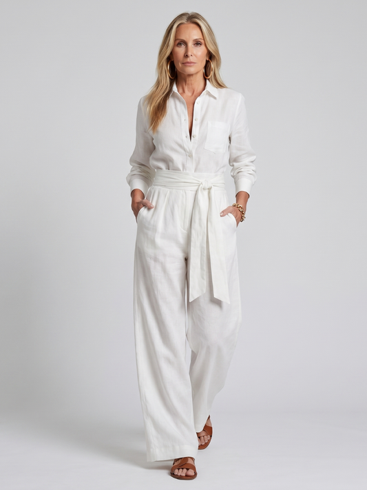 Jovie | Long Sleeve Button Front Wide Leg Jumpsuit