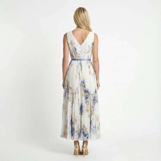 Alba Muse Maureen Floral Pleated Maxi Dress Sleeveless V-Neck White