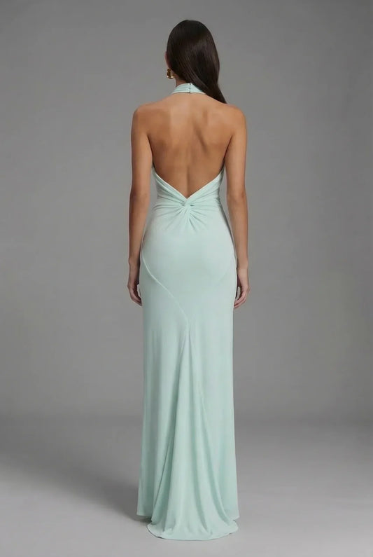 Alba Muse Satin Halter Neck Backless Ruched Maxi Dress