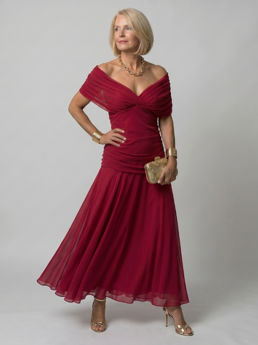 Alba Muse Off-Shoulder Draped Neckline Flared Midi Dress