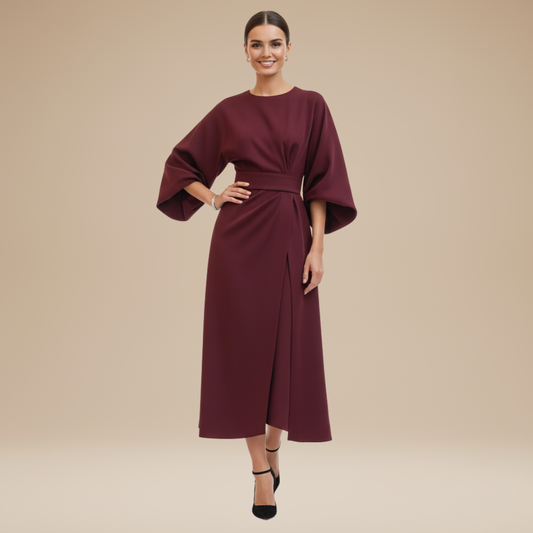 Alba Muse Wide Sleeve Midi Dress with Belt Wrap Style