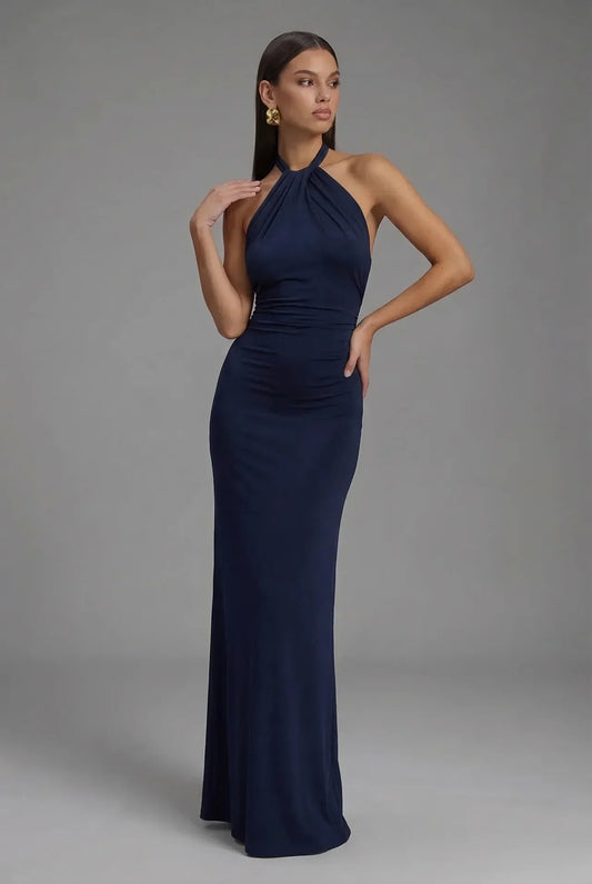 Alba Muse Satin Halter Neck Backless Ruched Maxi Dress