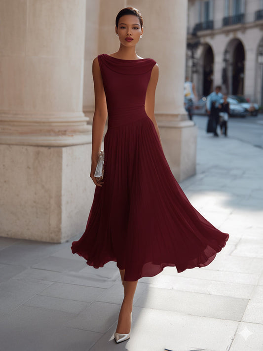 Alba Muse Draped Neck Sleeveless Pleated Midi Dress