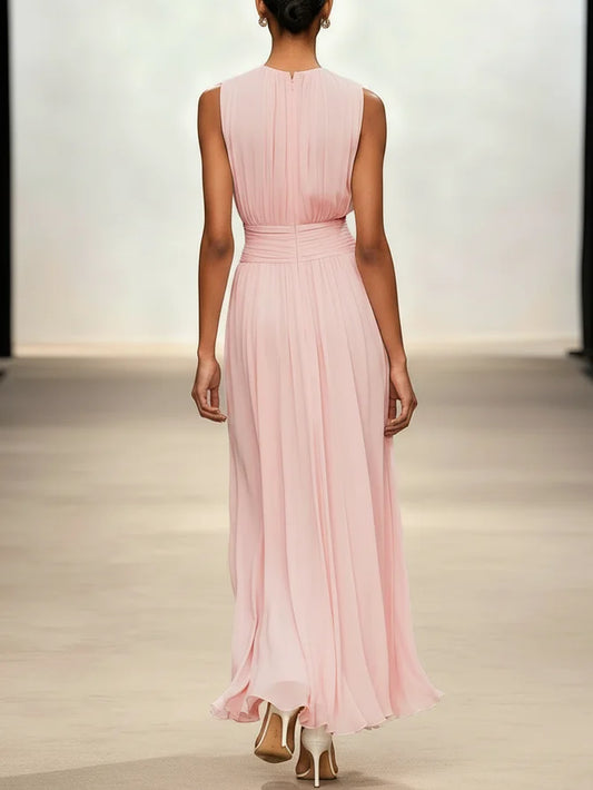 Alba Muse Sleeveless Ruched A-Line Chiffon Maxi Dress Wedding Guest