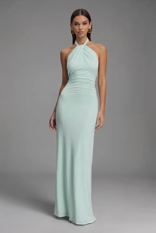 Alba Muse Satin Halter Neck Backless Ruched Maxi Dress