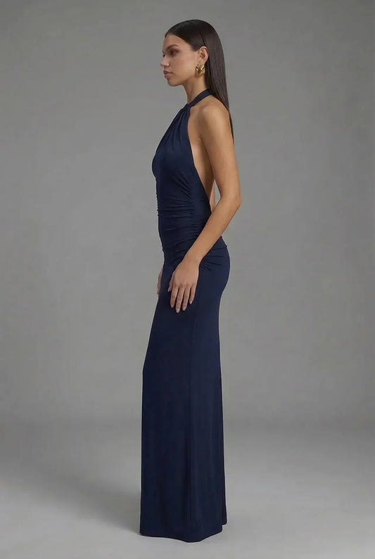 Alba Muse Satin Halter Neck Backless Ruched Maxi Dress