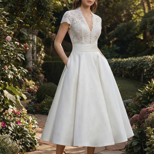 Lace Bodice A-Line Midi Wedding Dress White