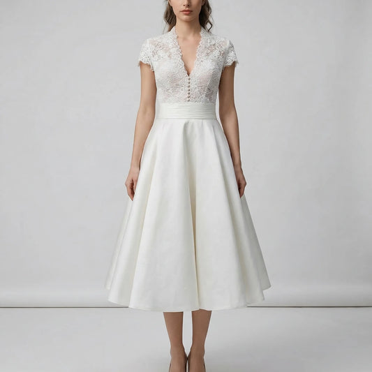 Lace Bodice A-Line Midi Wedding Dress White