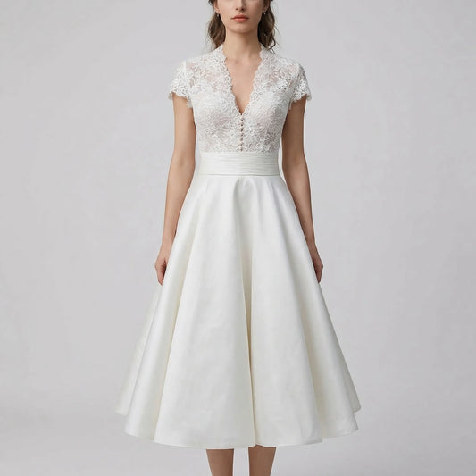 Alba Muse Lace Bodice A-Line Midi Wedding Dress White