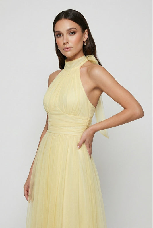 Alba Muse Halter Neck Tulle Midi Dress Ruched Bodice Yellow