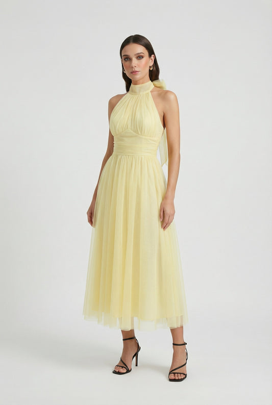 Alba Muse Halter Neck Tulle Midi Dress Ruched Bodice Yellow
