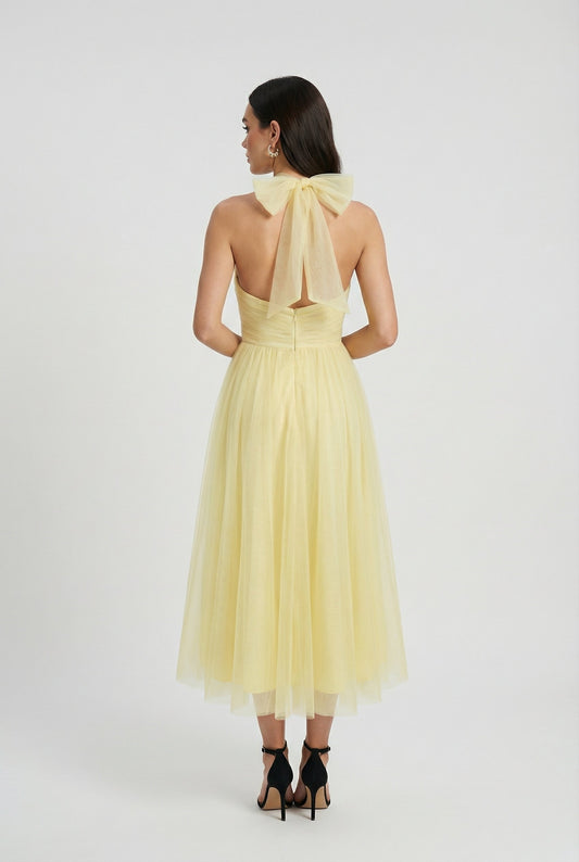 Alba Muse Halter Neck Tulle Midi Dress Ruched Bodice Yellow