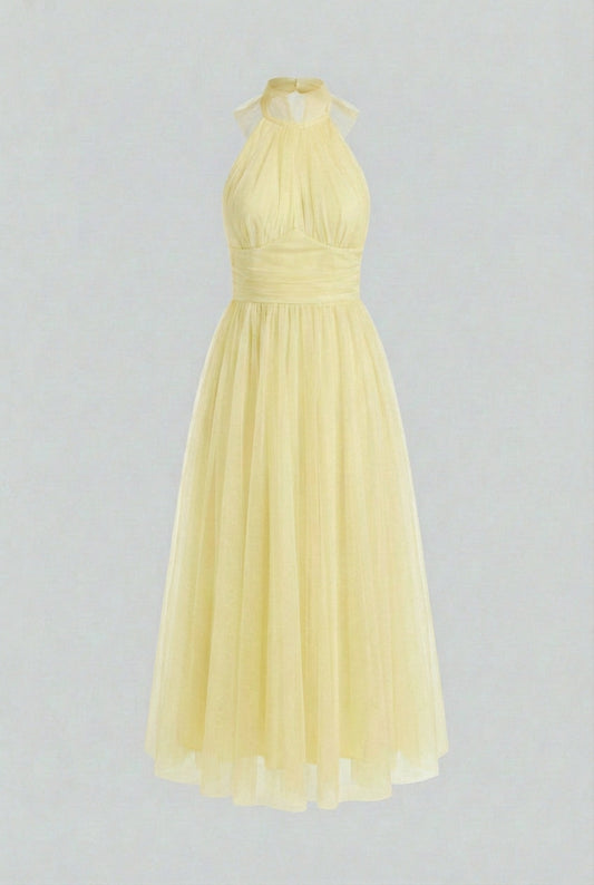 Alba Muse Halter Neck Tulle Midi Dress Ruched Bodice Yellow