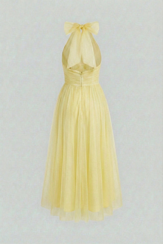 Alba Muse Halter Neck Tulle Midi Dress Ruched Bodice Yellow