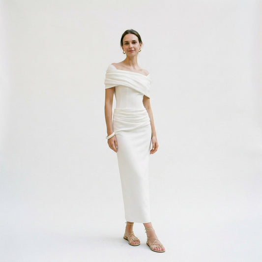 Alba Muse Mermaid Evening Gown Short Sleeve Pleated White