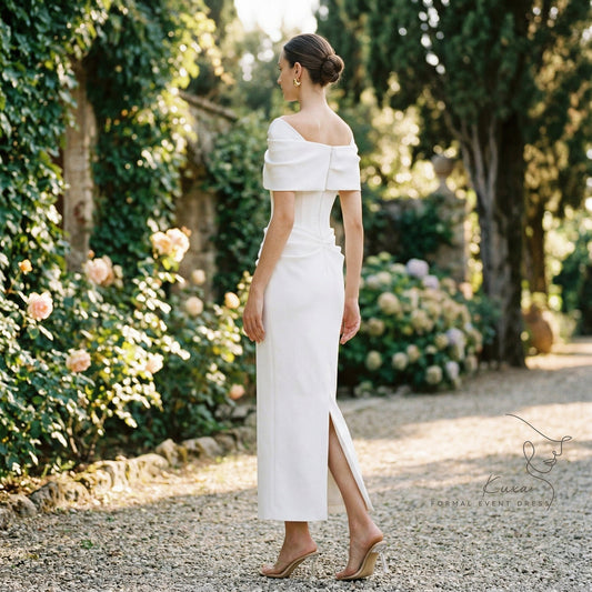 Alba Muse Mermaid Evening Gown Short Sleeve Pleated White