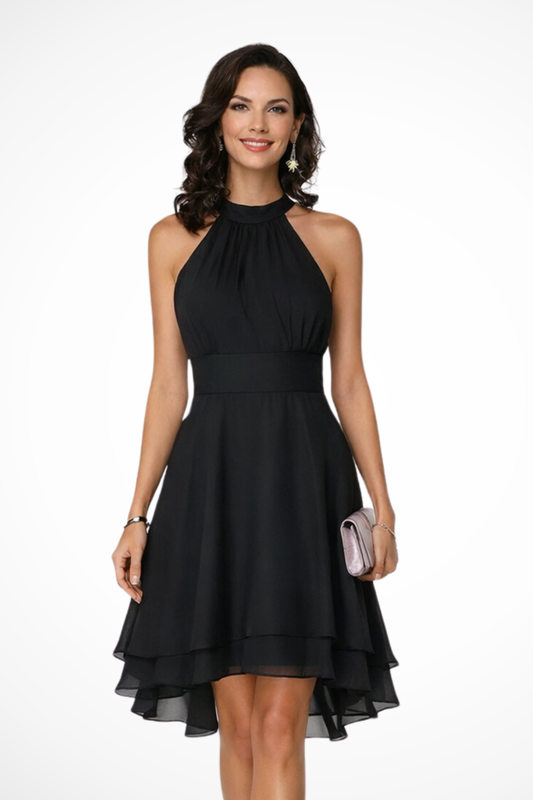 Alba Muse Halter Neck Tiered Mini Dress Ruffle Hem