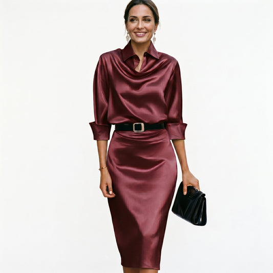 Alba Muse Satin Draped Cowl Neck Midi Dress Wedding Guest