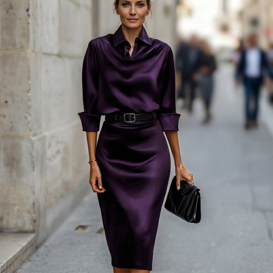 Alba Muse Satin Draped Cowl Neck Midi Dress Wedding Guest