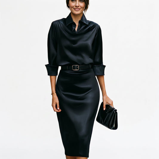 Alba Muse Satin Draped Cowl Neck Midi Dress Wedding Guest