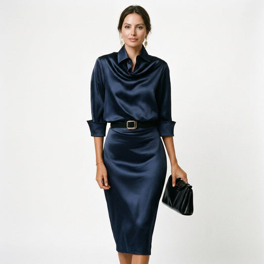 Alba Muse Satin Draped Cowl Neck Midi Dress Wedding Guest