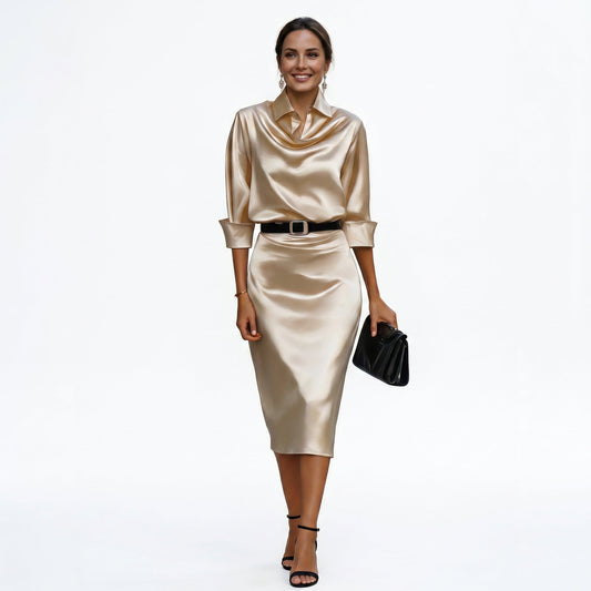 Alba Muse Satin Draped Cowl Neck Midi Dress Wedding Guest
