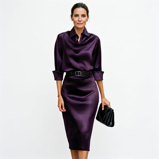 Alba Muse Satin Draped Cowl Neck Midi Dress Wedding Guest