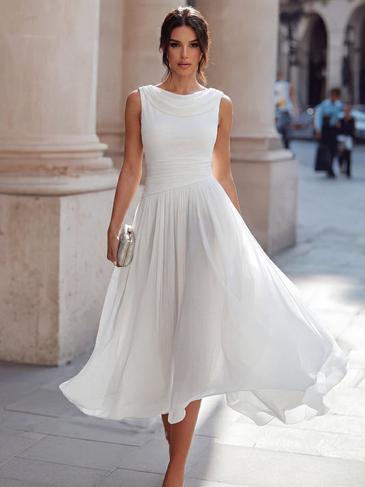 Alba Muse Draped Neck Sleeveless Pleated Midi Dress