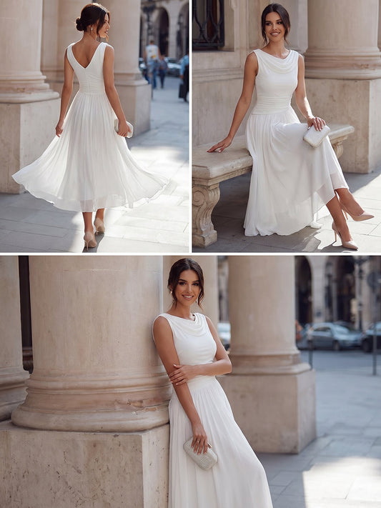 Alba Muse Draped Neck Sleeveless Pleated Midi Dress