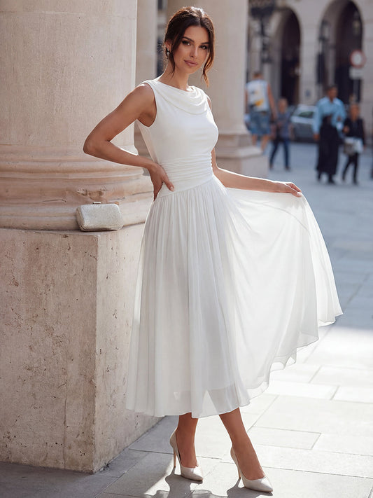 Alba Muse Draped Neck Sleeveless Pleated Midi Dress