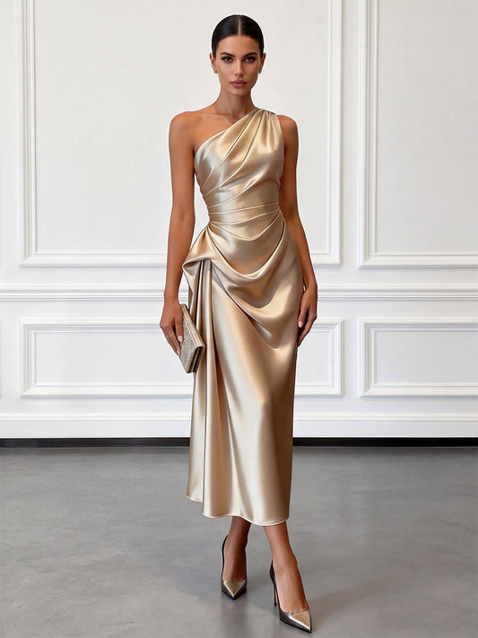 Alba Muse One-Shoulder Ruched Satin Midi Dress