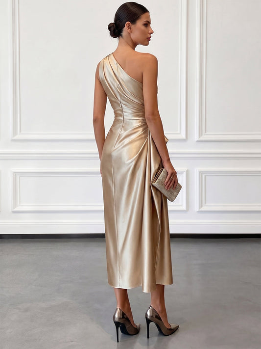 Alba Muse One-Shoulder Ruched Satin Midi Dress