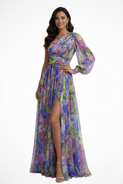 Alba Muse Floral One-Shoulder Maxi Dress High Slit