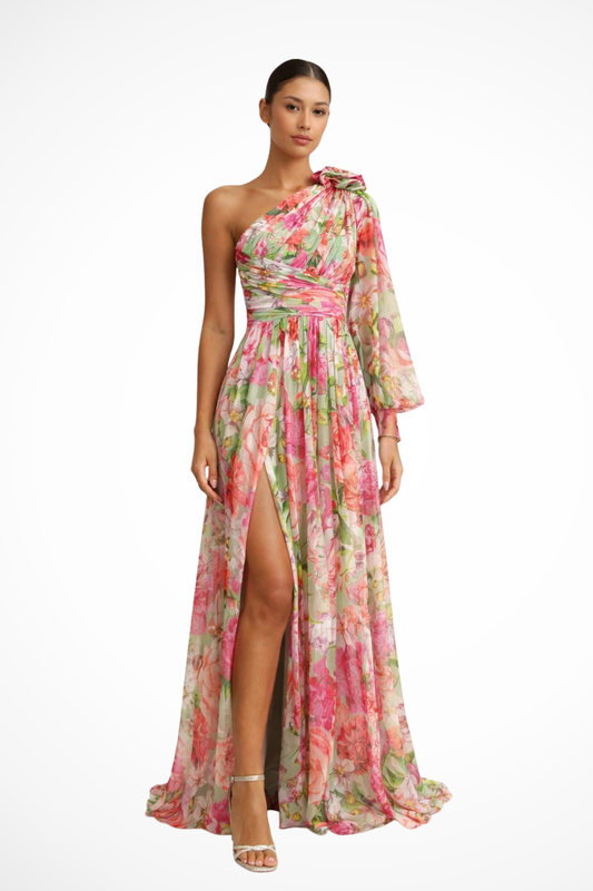 Alba Muse Floral One-Shoulder Maxi Dress High Slit