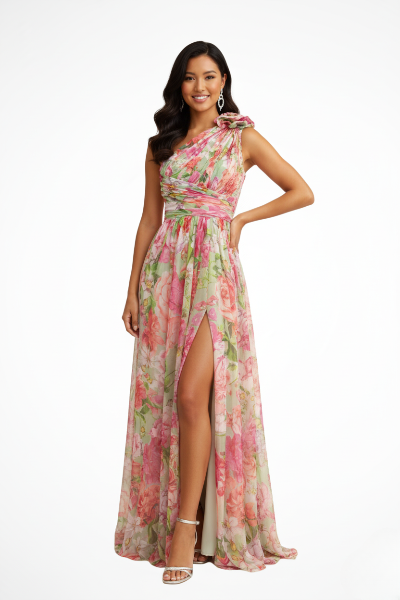 Alba Muse Floral One-Shoulder Maxi Dress High Slit